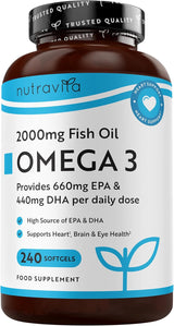 Omega 3 2000 mg /EPA 660 mg, DHA 440 mg/ Pure Fish Oil /240 capsules, 120 doses/ Nutravita