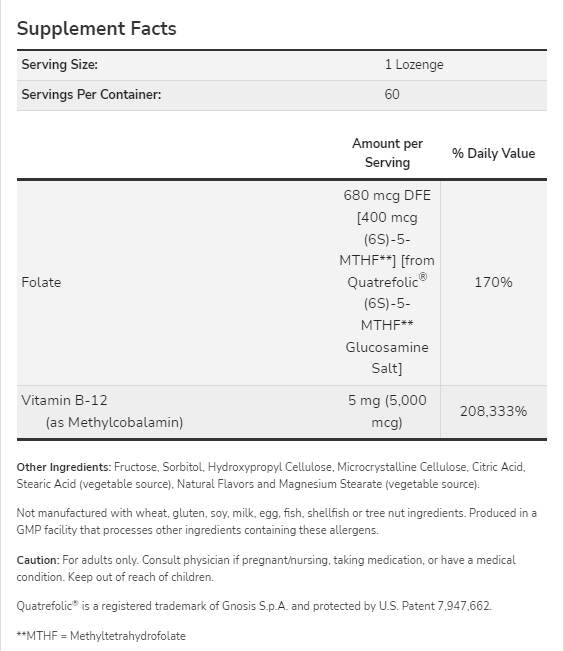 Methyl B-12 5000 MCG | With Folic Acid Quatrefolic® - 60 sublingual tablets