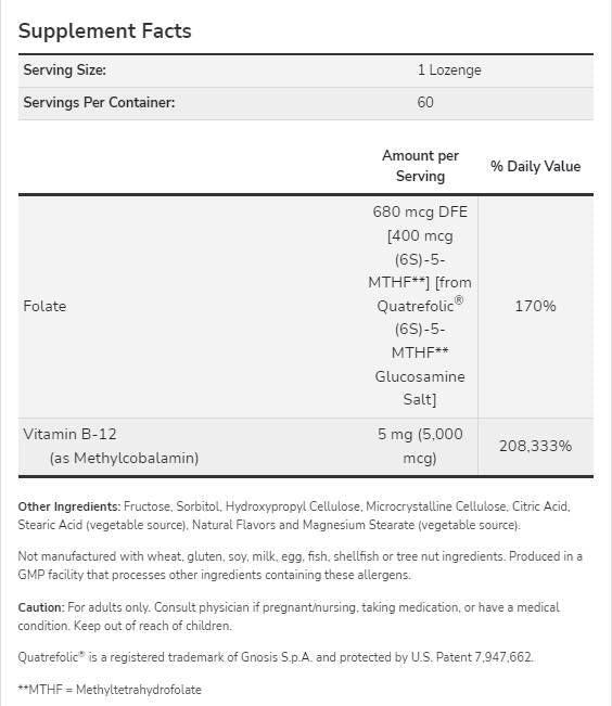 Methyl B-12 5000 MCG | With Folic Acid Quatrefolic® - 60 sublingual tablets