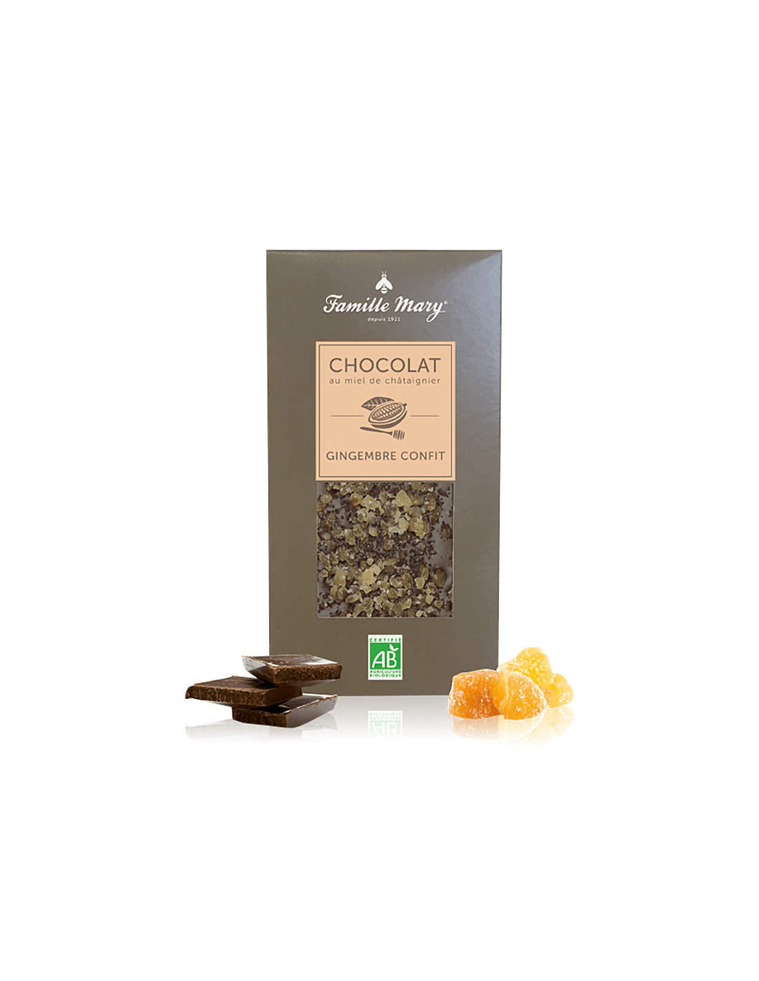 Chocolate con miel de flores de castaño y jengibre confitado, 80 g
