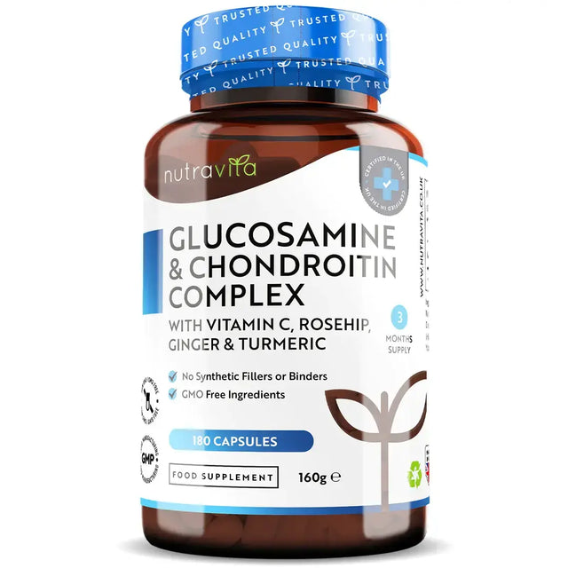 Glucosamine Chondroitin /180 капсули, 90 дни/ with Turmeric, Ginger & Vitamin C Nutravita - Feel You