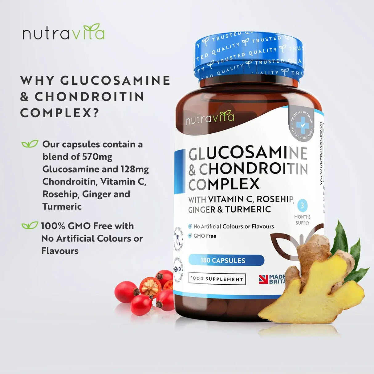 Glucosamine Chondroitin /180 капсули, 90 дни/ with Turmeric, Ginger & Vitamin C Nutravita - Feel You