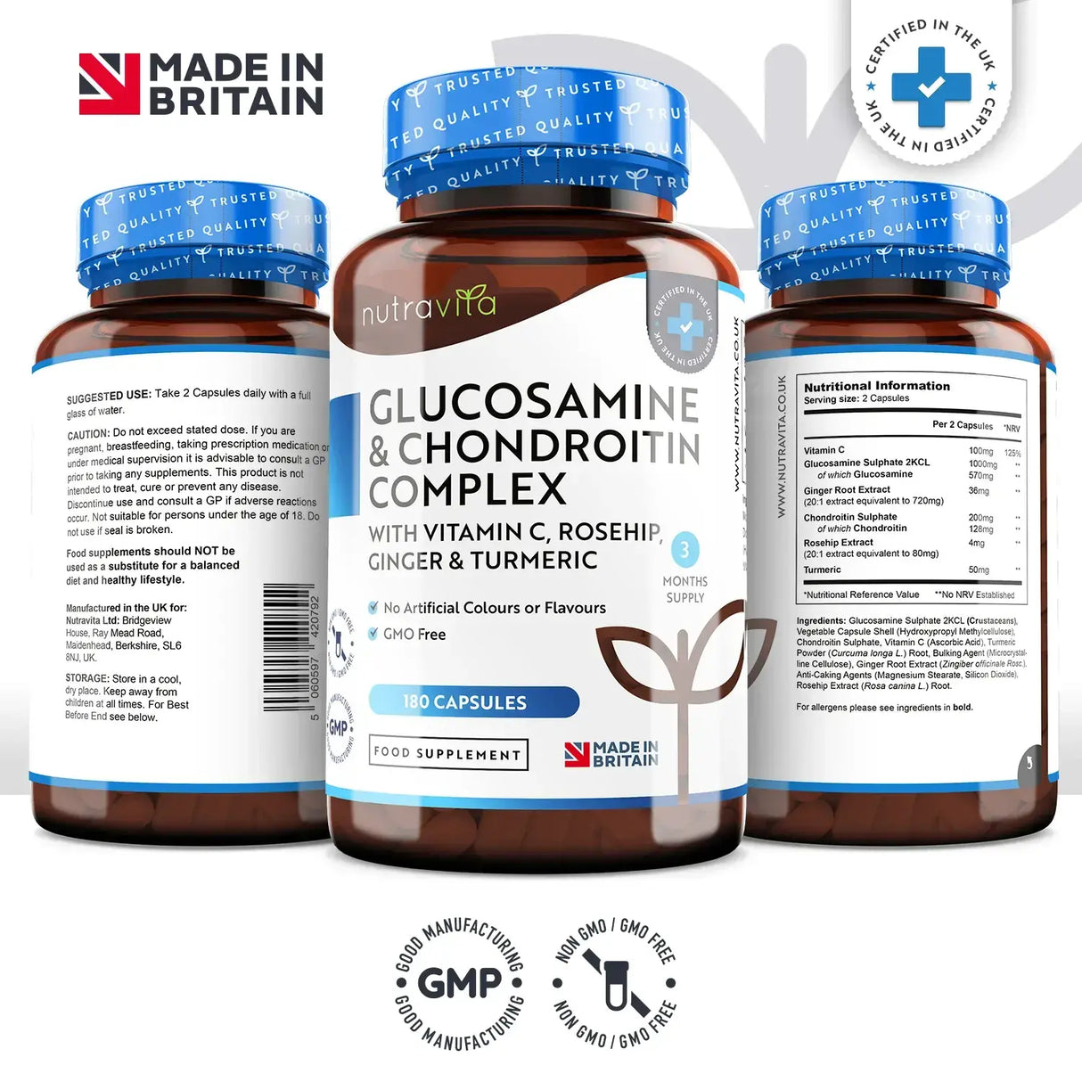 Glucosamine Chondroitin /180 капсули, 90 дни/ with Turmeric, Ginger & Vitamin C Nutravita - Feel You