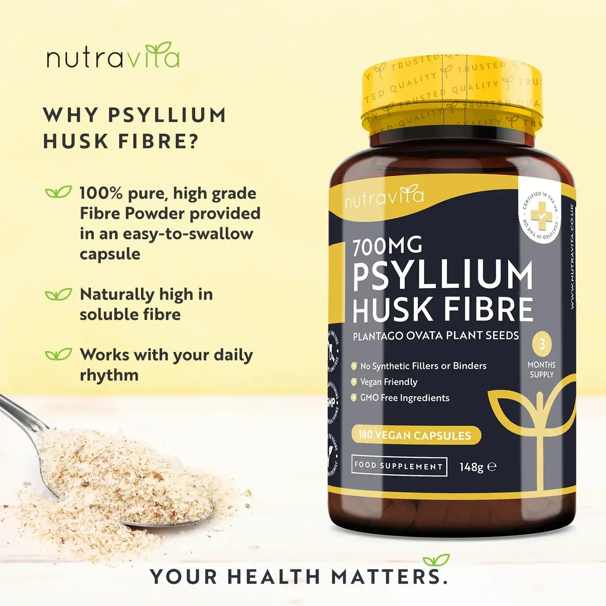 Psyllium Husk Fibre 700mg 180 Vcaps Nutravita - Feel You