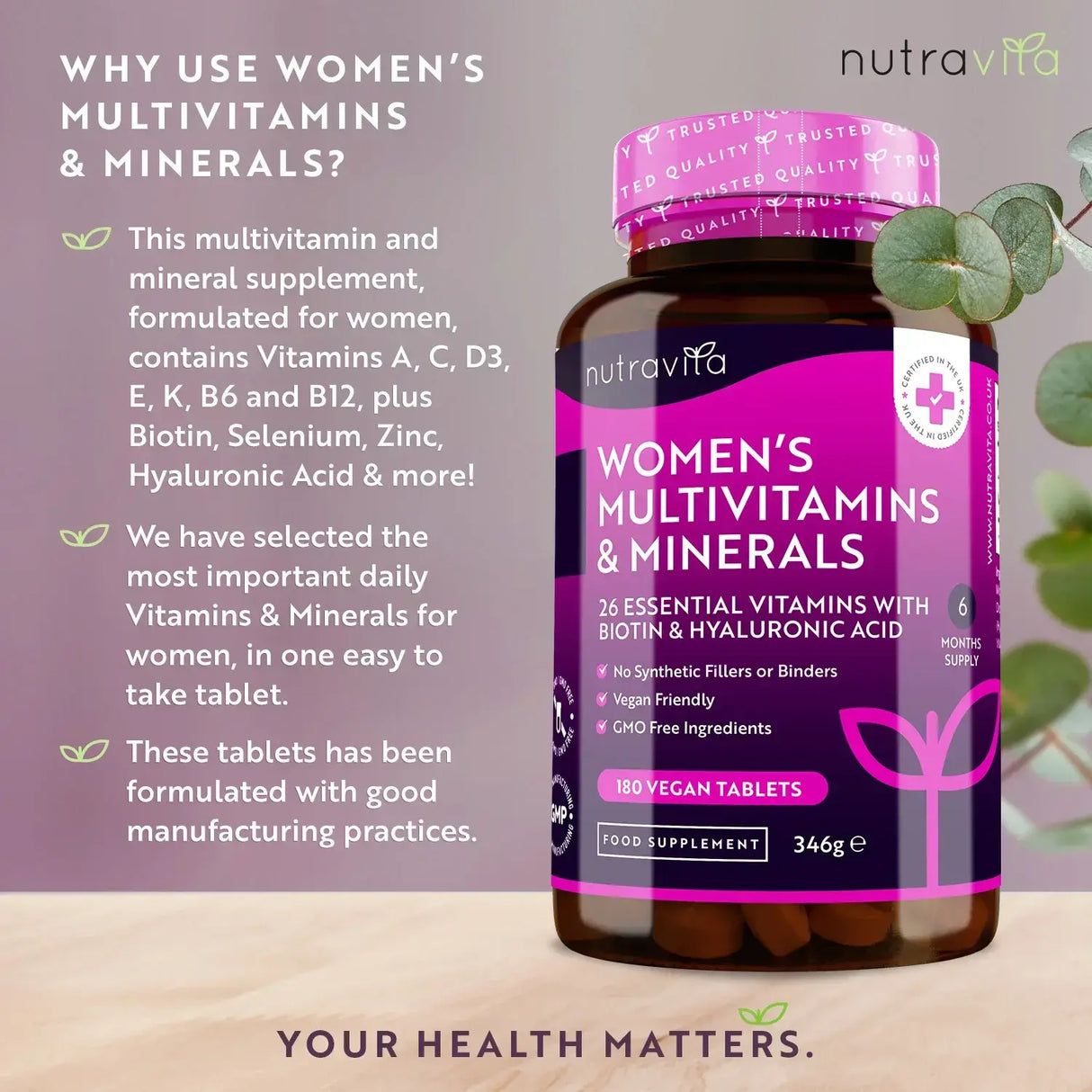 Women's Multivitamins with Biotin and Hyaluronic Acid 180 Vegan Tablets - Feel You