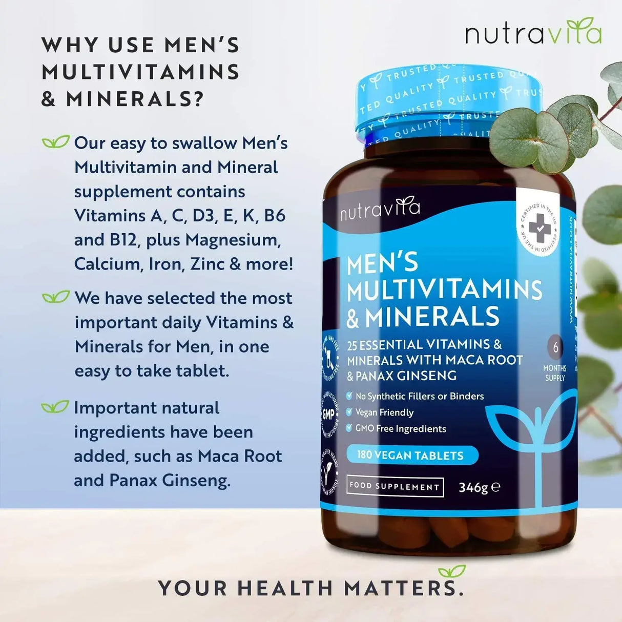 Men's Multivitamins and Minerals 180 Vegan Tablets - Feel You