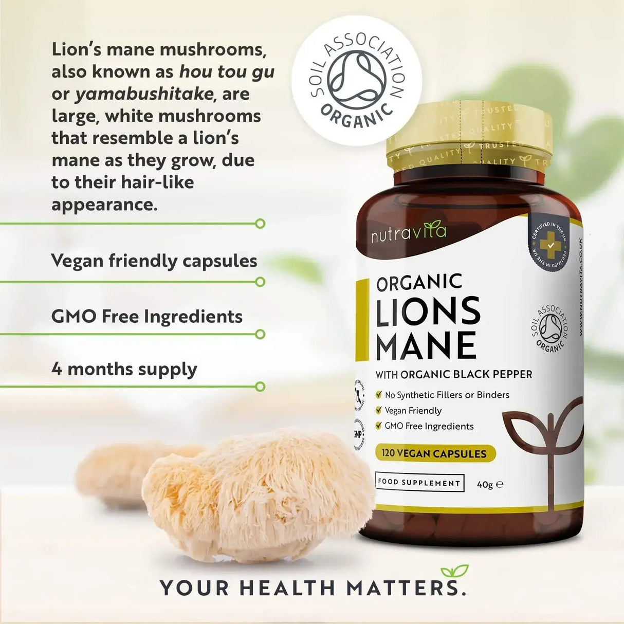 Organic Lion's Mane 120 Vcaps. Nutravita - Feel You