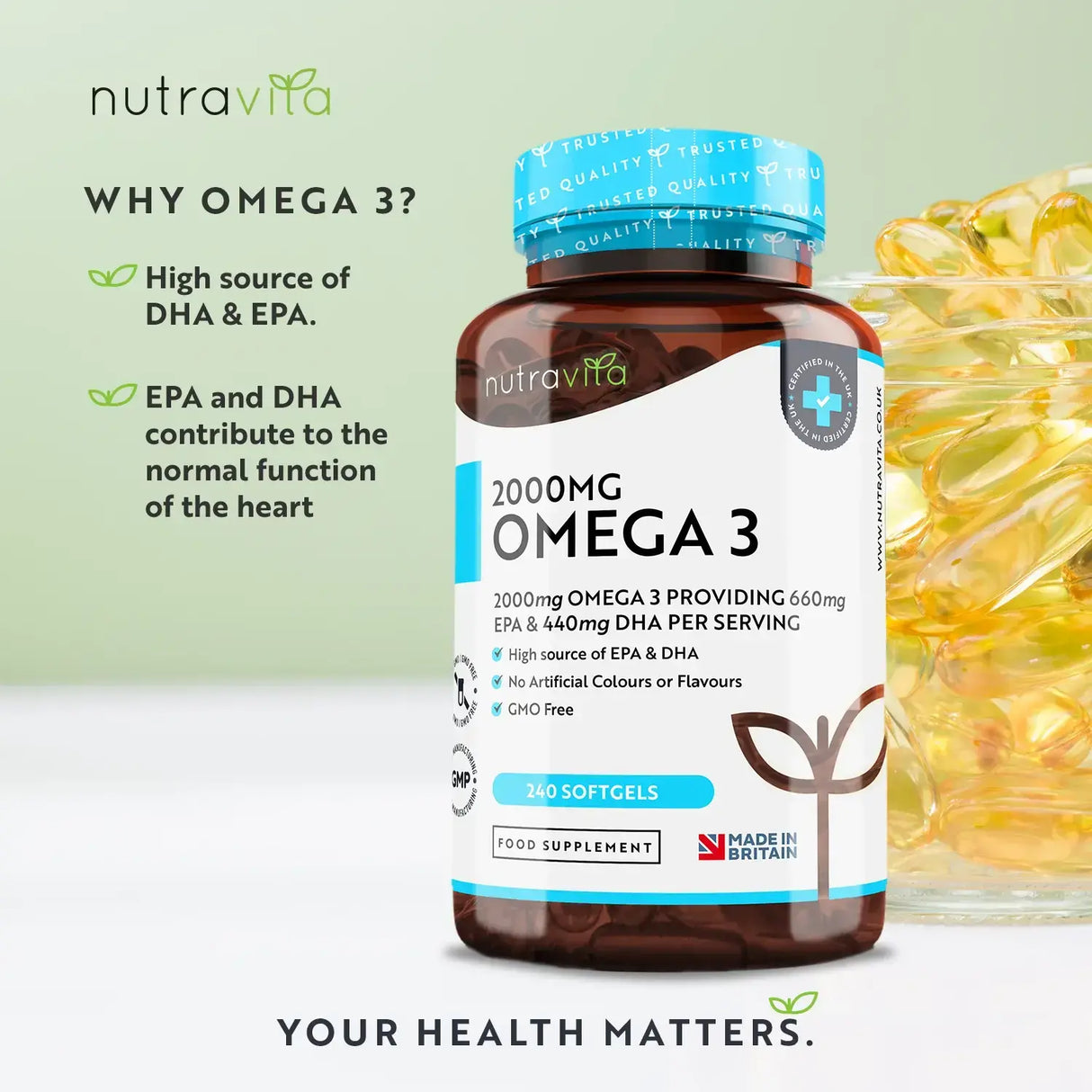 Omega 3 2000 mg /EPA 660 mg, DHA 440 mg/ Pure Fish Oil /240 капсули, 120 дози/ Nutravita - Feel You