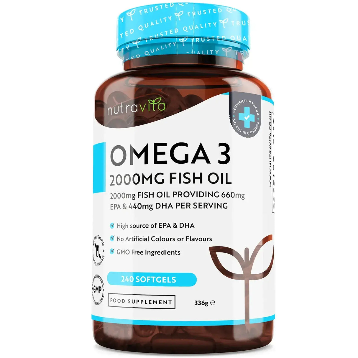 Omega 3 2000 mg /EPA 660 mg, DHA 440 mg/ Pure Fish Oil /240 капсули, 120 дози/ Nutravita - Feel You