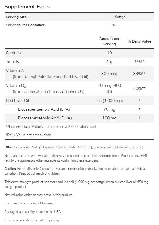 Óleo de fígado de bacalhau 1000 mg - 180 cápsulas de gel