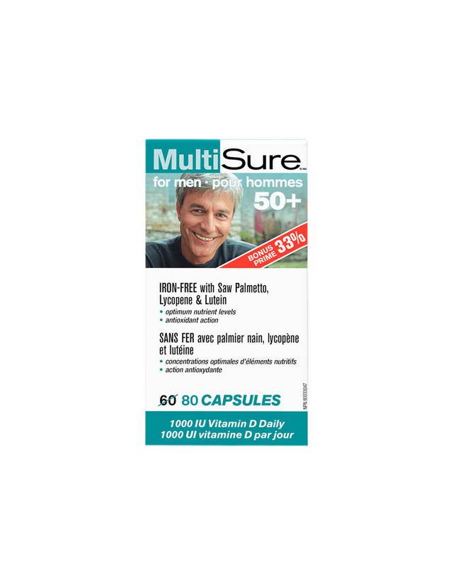 MultiSure® Men 50+ / Мултивитамини за мъже 50+ (с лутеин, ликопен и сао палмето), 80 капсули - Feel You