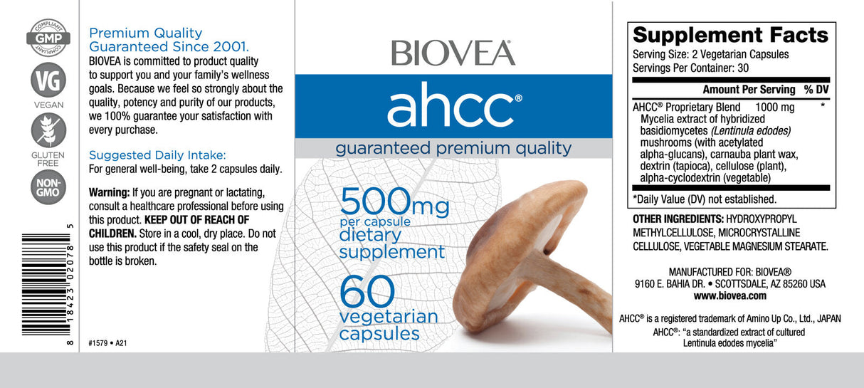 AHCC 500 mg de fórmula de inmunidad de hongos/60 tapas