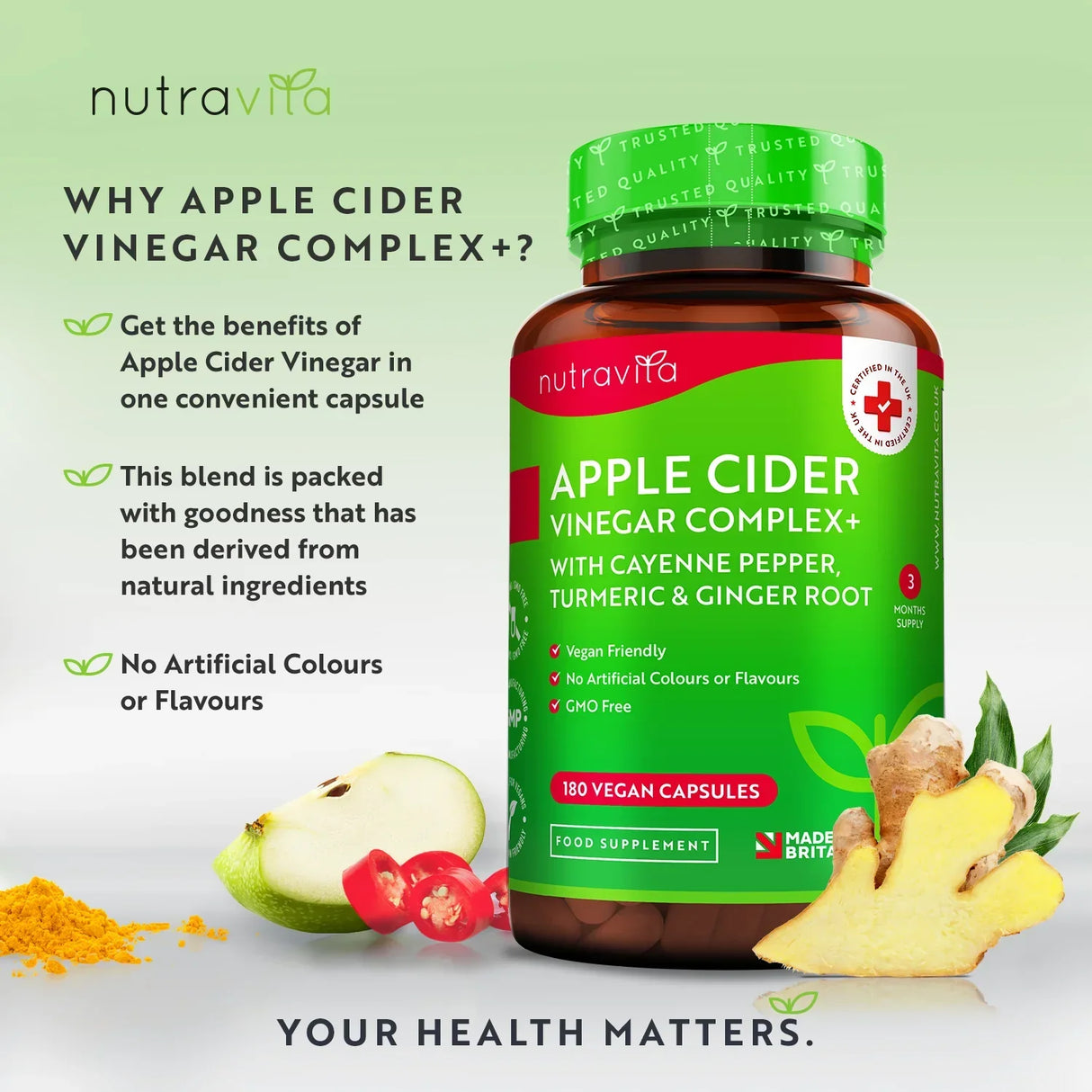 Apple Cider Vinegar 1000 mg /180 capsules, 90 doses/ Nutravita