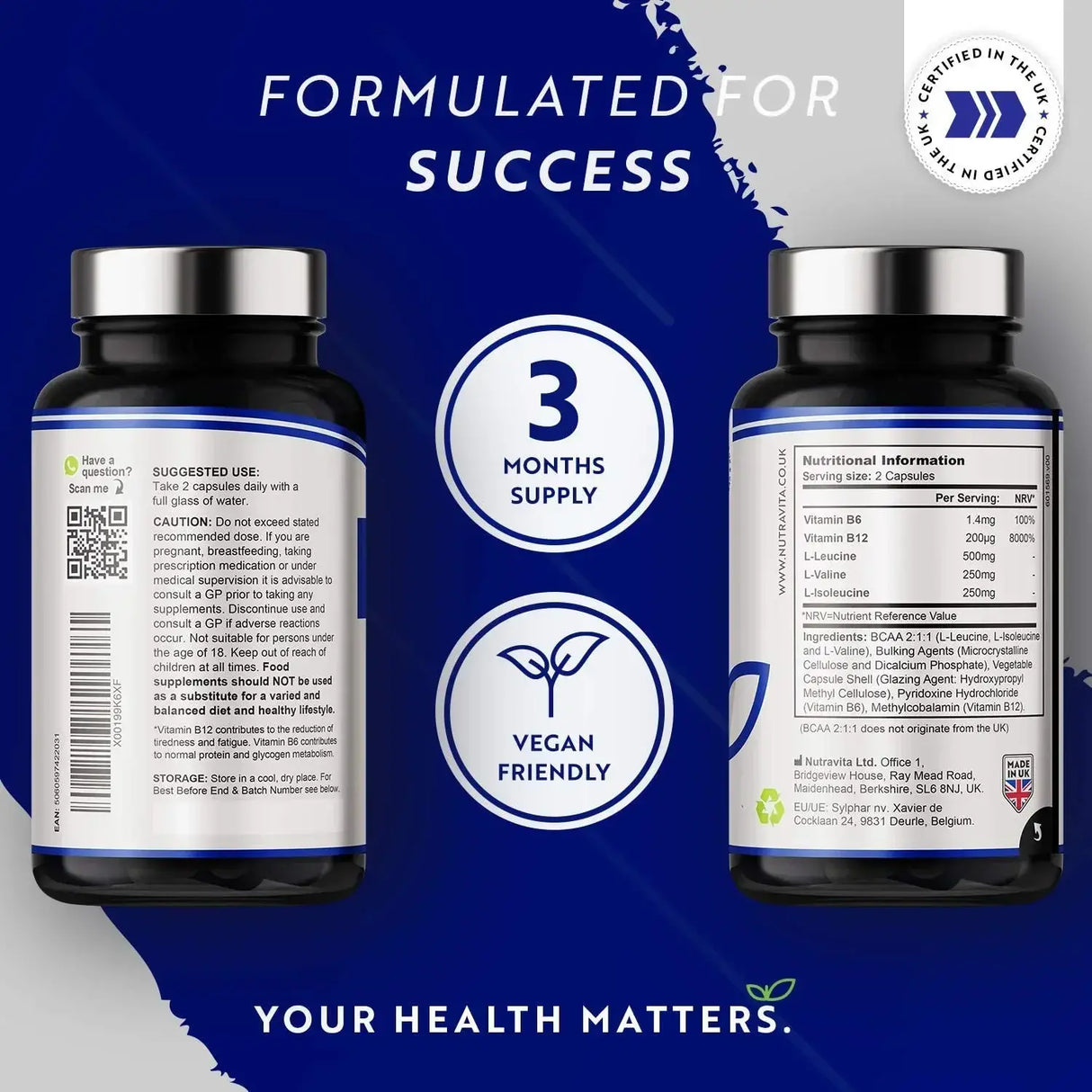 BCAA (2:1:1) met vitamine B6 en B12 - 180 Vcaps. <tc>Nutravita</tc>