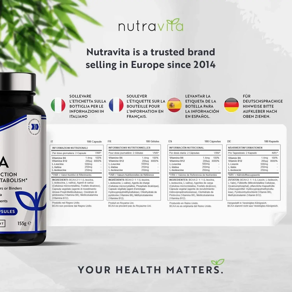 BCAA (2:1:1) met vitamine B6 en B12 - 180 Vcaps. <tc>Nutravita</tc>