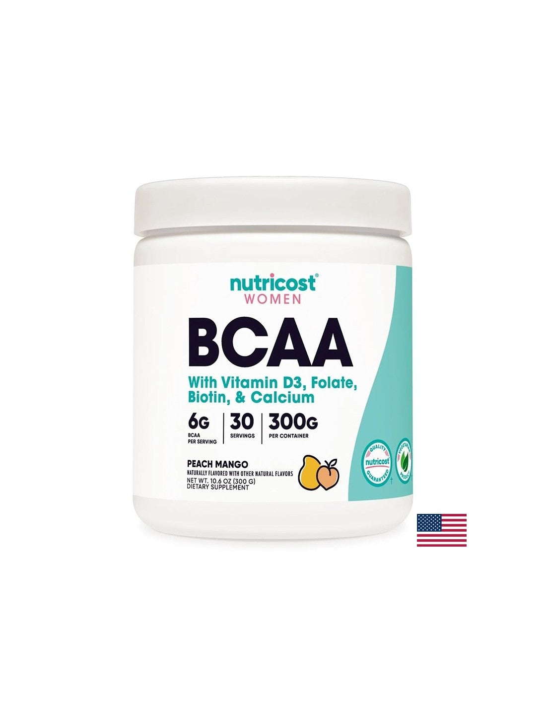 Keten-vertakte aminozuren BCAA + vitamine D3, foliumzuur, biotine, calcium (voor vrouwen), 300 g poeder met mango-smaak