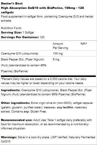 BEST CoQ10 with Bioperine 100 mg - 120 Gel capsules