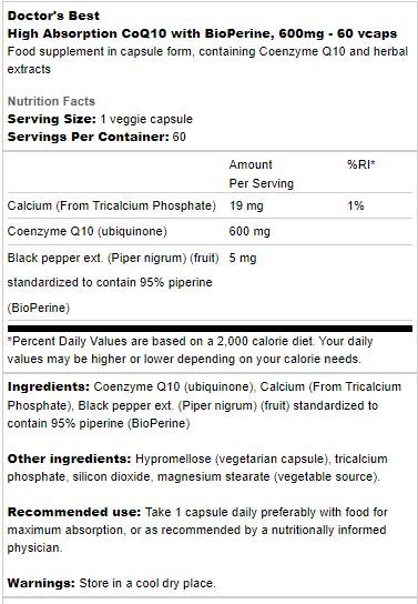 BEST CoQ10 with Bioperine 600 mg - 60 capsules