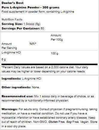 BEST Pure L-Arginine Powder - 300 grams