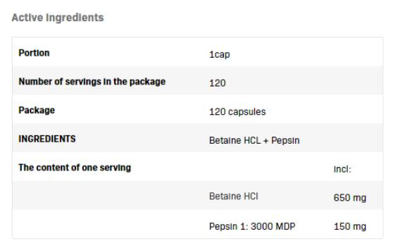 Betaine Hcl 650 mg + Pepsin - 120 capsules