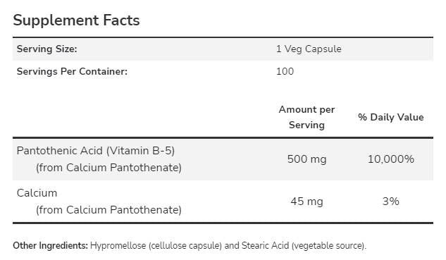 Vitamin B-5 / Pantothenic Acid 500 mg - 100 капсули