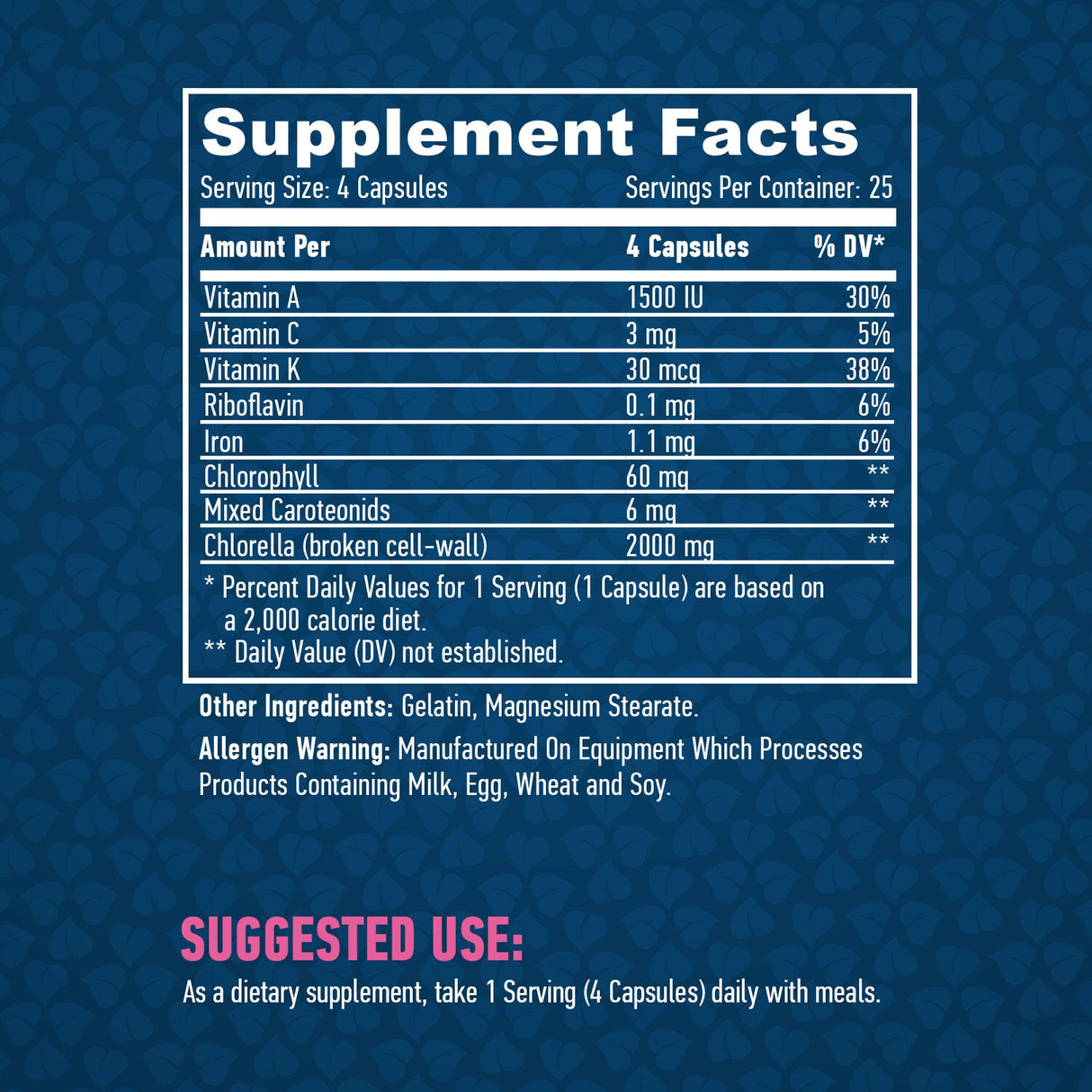 Chlorella de la pared celular rota 500 mg./100 tapas.