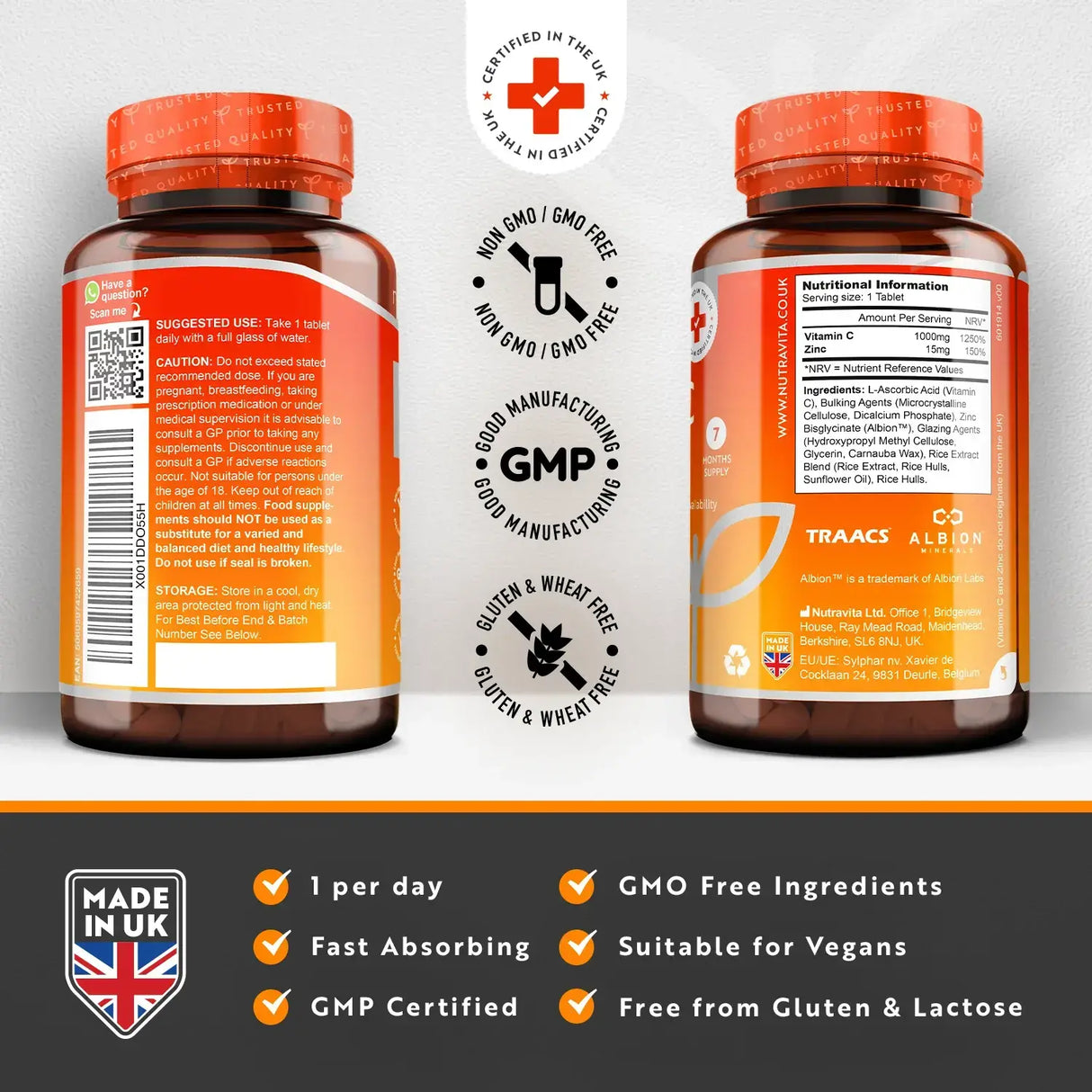 Vitamin C 1000 mg with Zinc (Albion® Zinc) 15mg 210 tablets Nutravita