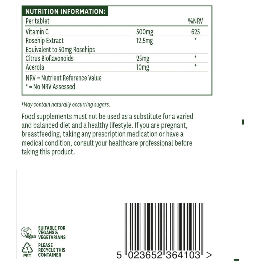 Vitamin C with rose hips, bioflavonoids and acerola (Vitamin C Chewable) 500mg 50 chewable tablets NaturesAid