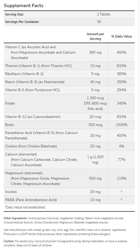 Cal-mag ar B kompleksu un C vitamīnu | Stresa formula - 100 tabletes