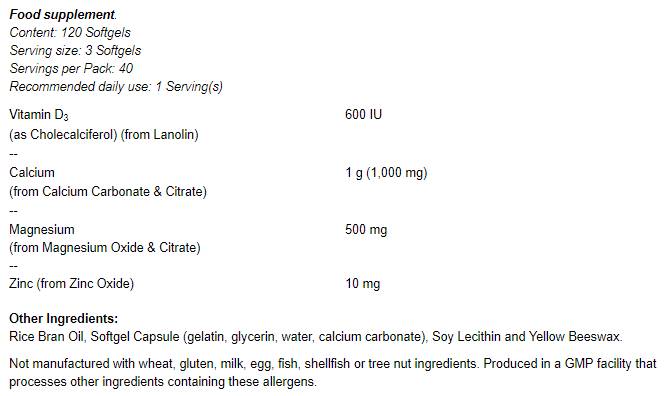 Calcium & Magnesium Softgels / with Vit D and Zinc - 120 Gel capsules