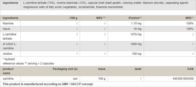 Carnitine Caps - 100 capsules
