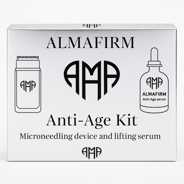 Almafirm Anti-Age Kit packaging with microneedling device and lifting serum illustration.