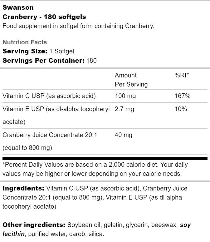 Cranberry 20:1 Concentrate 180 Gel capsules