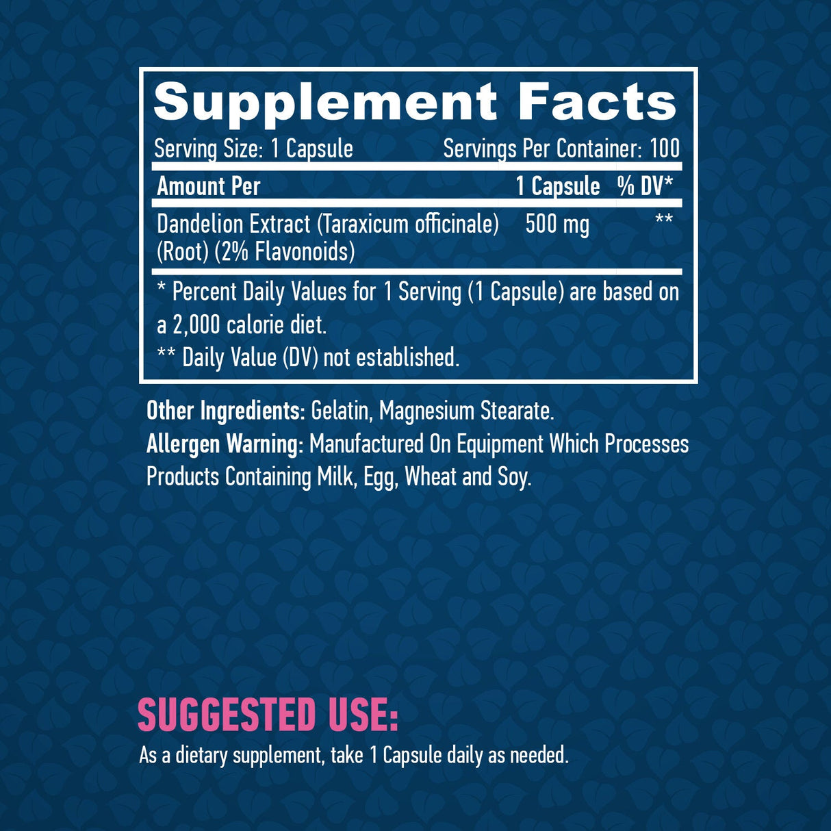 Extracto de raíz de diente de leión (2% de flavonoides) 500 mg/100 tapas.