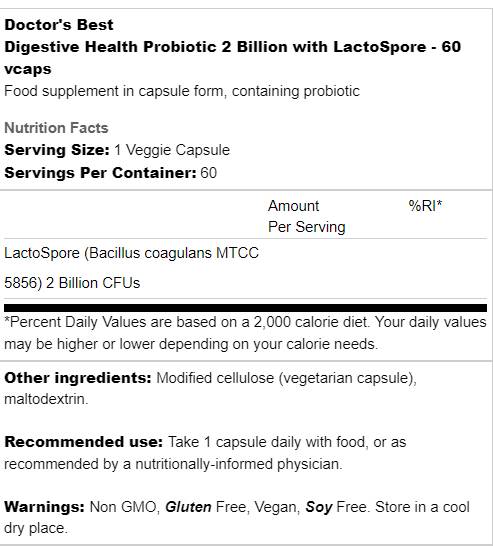 Digestive Health Probiotic | 2 Billion with LactoSpore - 60 capsules