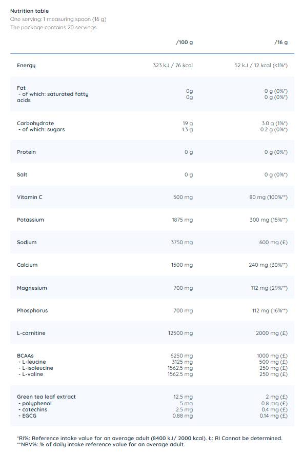 Elektrolytpoeder | Met BCAA, L -Carnitine & Green Tea - 320 gram