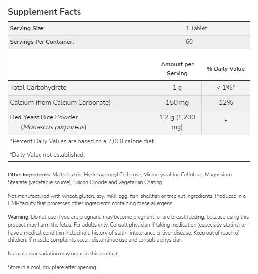 Red Yeast Rice 1200 mg | Concentrated 10: 1 Extract - 60 tablets