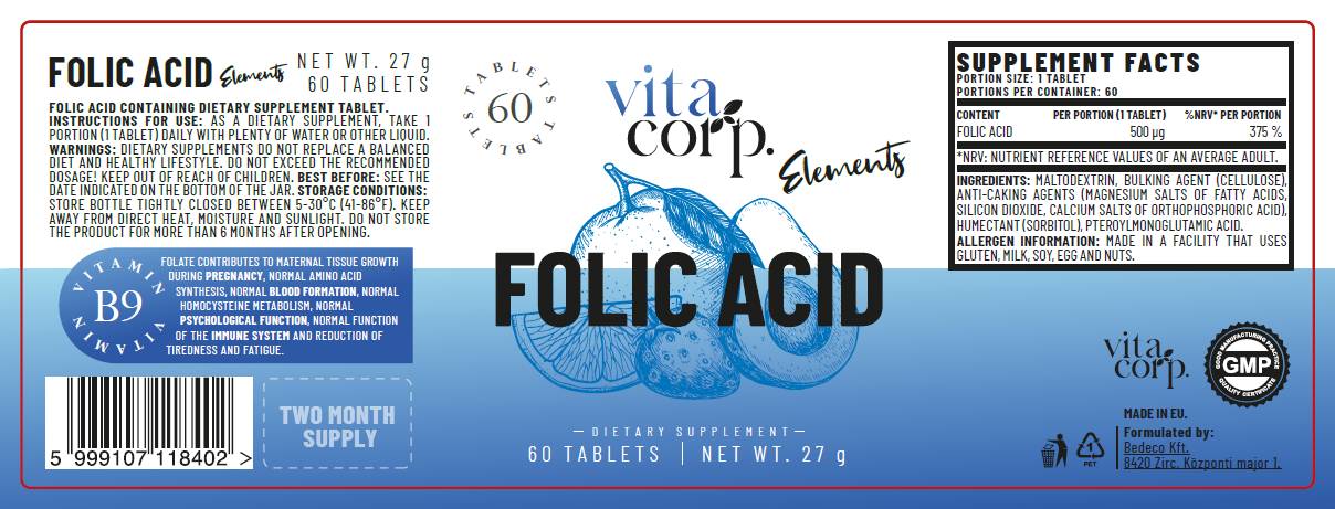 Ácido fólico 500 mcg - 60 tabletas