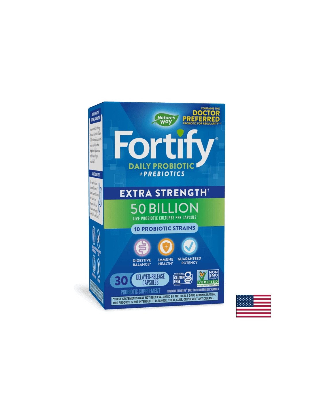 Probiotic + prebiotics - high dose - Fortify Probiotic Extra Strength, 50 billion active probiotics, 30 capsules