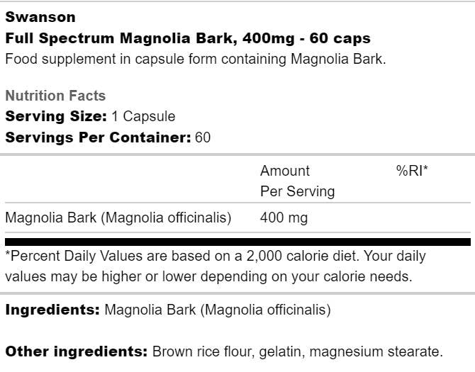 Pełne spektrum Magnolia Bark 400 mg 60 kapsułek