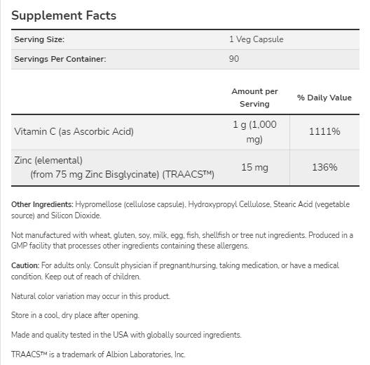 C-1000 Zinc Immune | Vitamin C + Zinc Bisglycinate - 90 капсули