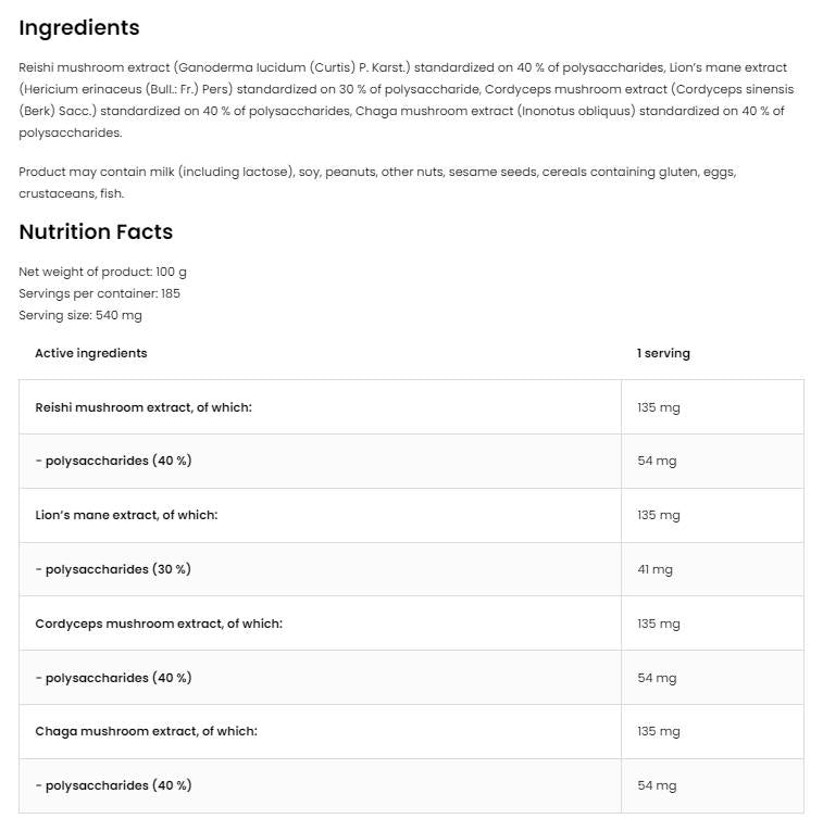 Quatro Mushroom Blend Powder | Lion&#39;s Mane ~ Reishi ~ Cordyceps ~ Chaga 100 грама