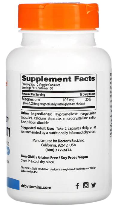 Wysoka wchłanianie 100% chelatowanego glicynianu magnezu 105 mg - 120 kapsułek