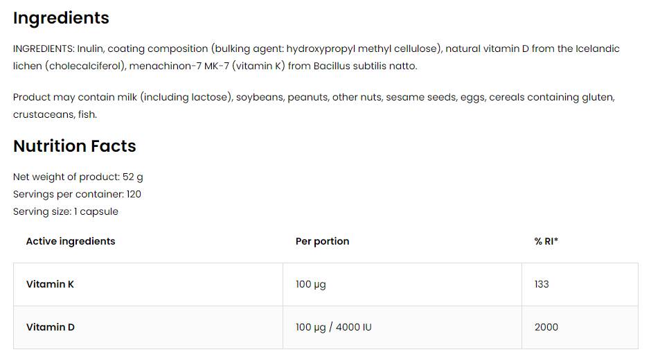 Vitamin D3 4000 + K2 | Vege Caps 120 capsules