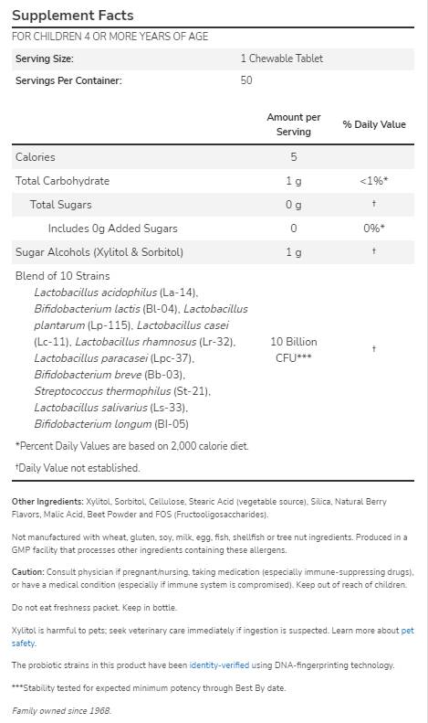 BerryDophilus 10 Billion | Extra Strength - 50 Дъвчащи таблетки