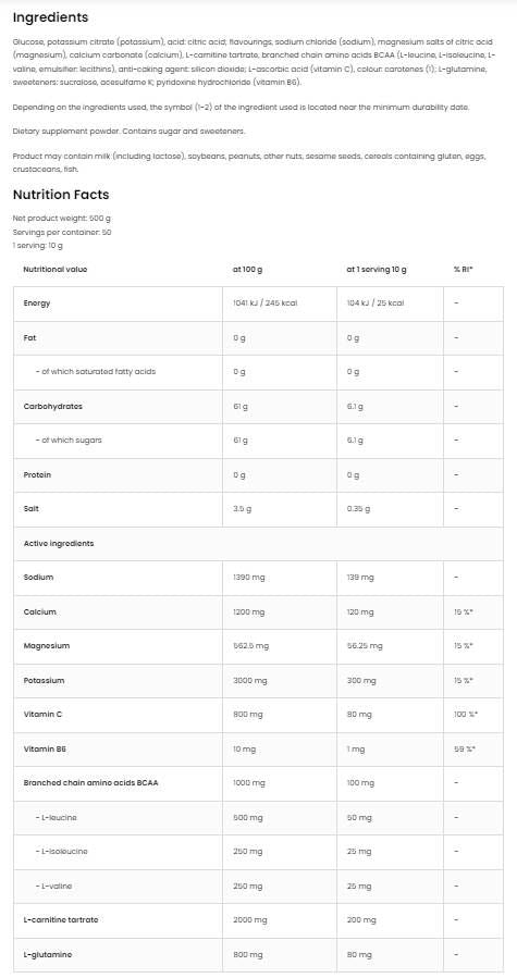 Isotonic Powder + BCAA, L-Carnitine, L-Glutamine - 500 grams