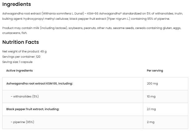 KSM-66 Ashwagandha® 200 mg/vegetas 120 cápsulas