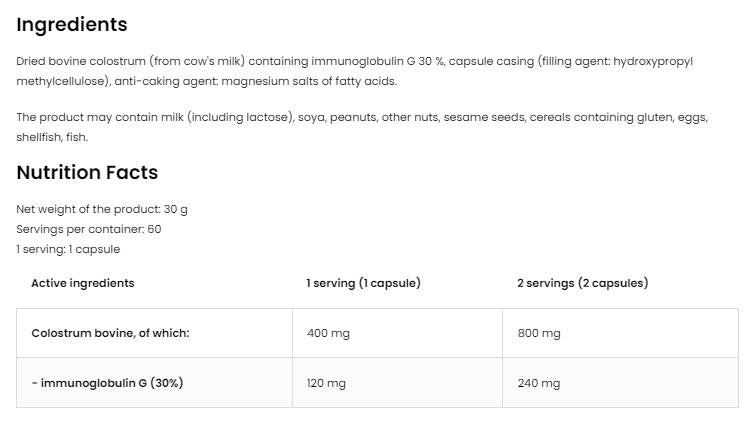 Colostrum Bovine 400 mg | 30% Immunoglobulin G 60 capsules