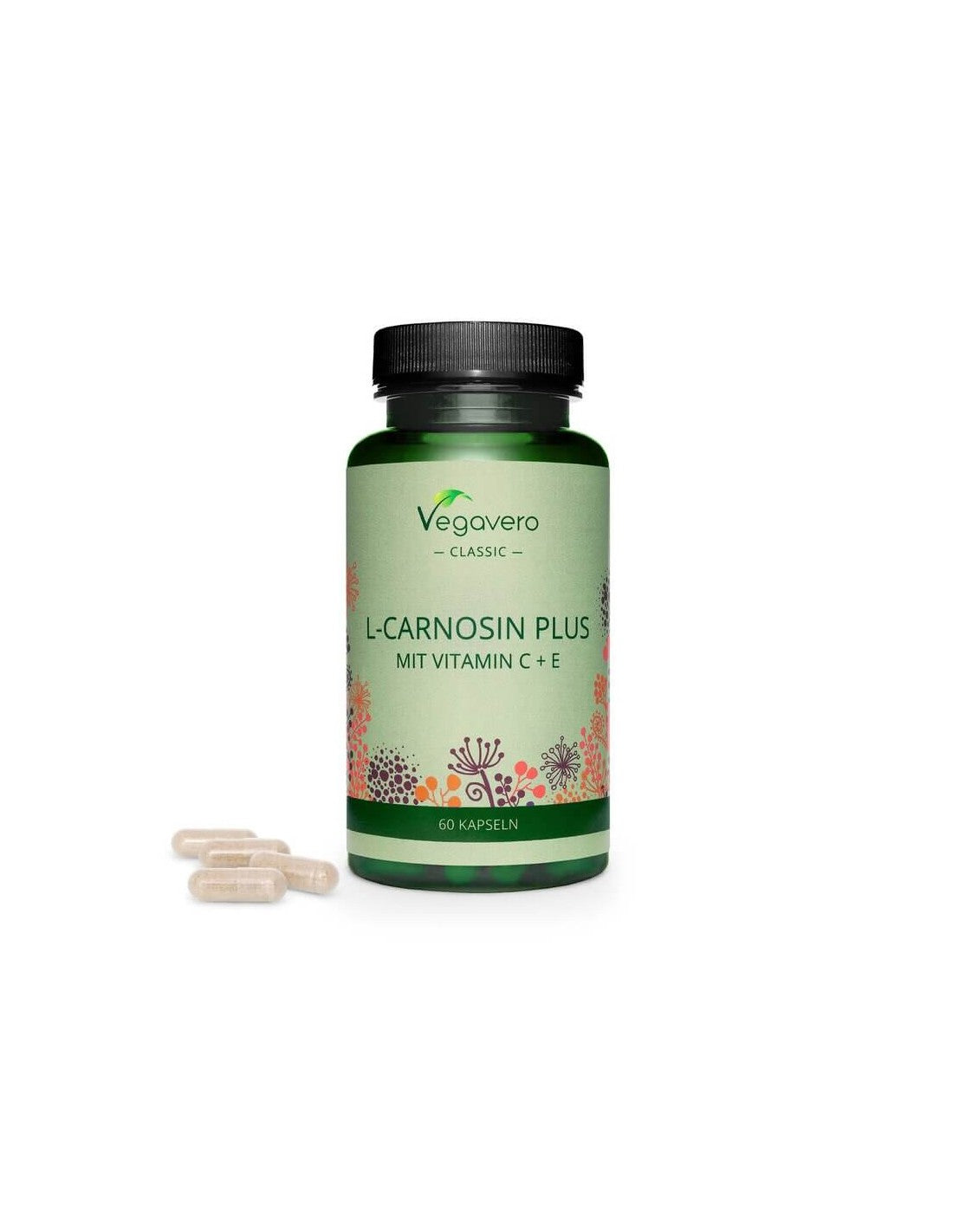 L-carnosin ir MIT vitamino C+E/ L-karnosino ir vitamino C+E 60 kapsulės, 100% vegan vegavero