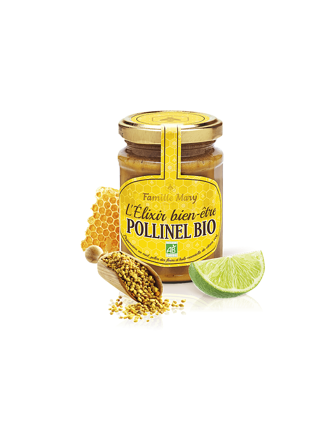 „L'Elixir Bien -être Pollinel Bio/ Bio Color Honey“ su bičių žiedadulkėmis ir kalkių eteriniu aliejumi, 230 g Famille Mary